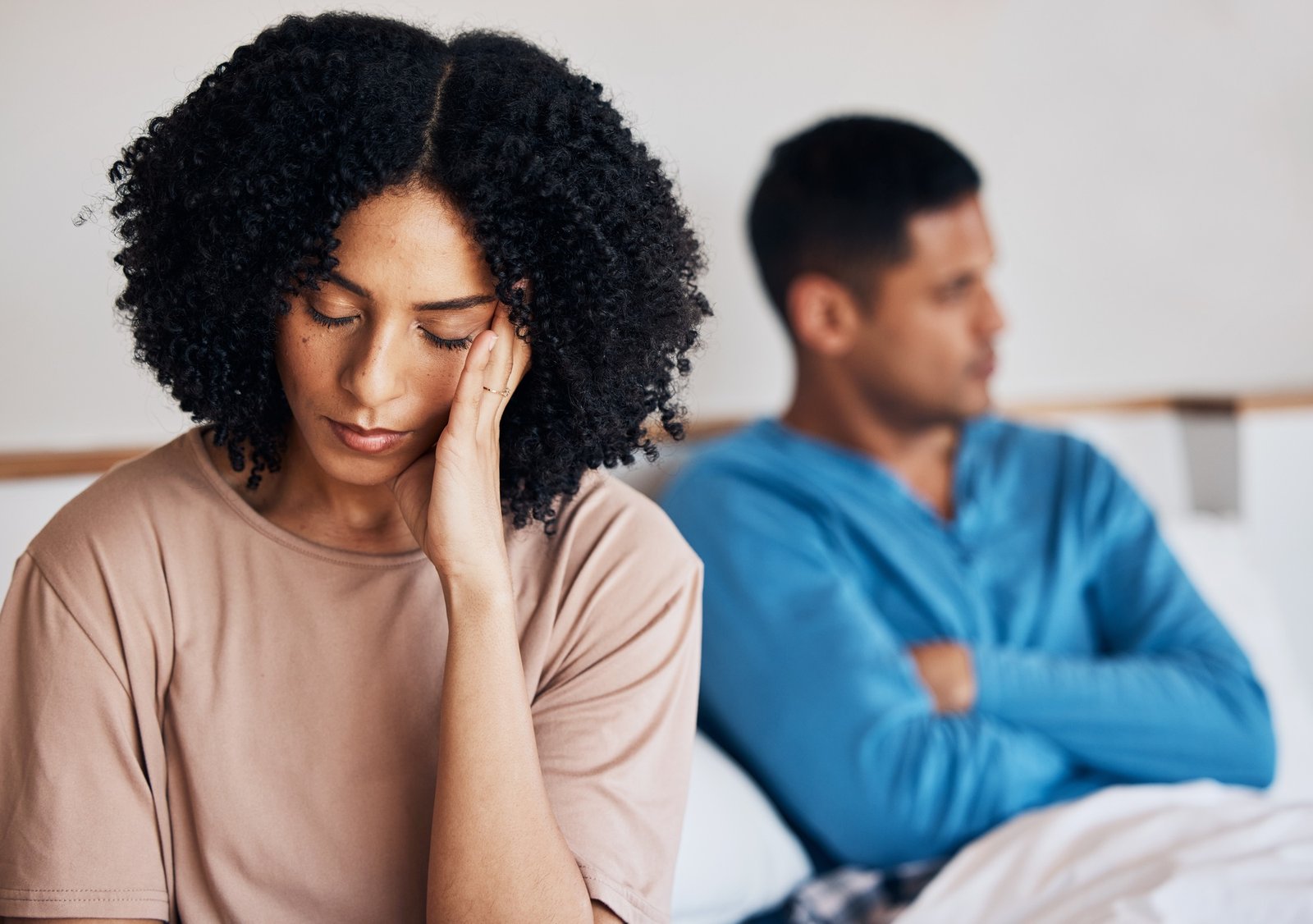 Frustrated couple, fight and headache in conflict, divorce or argument from disagreement or dispute